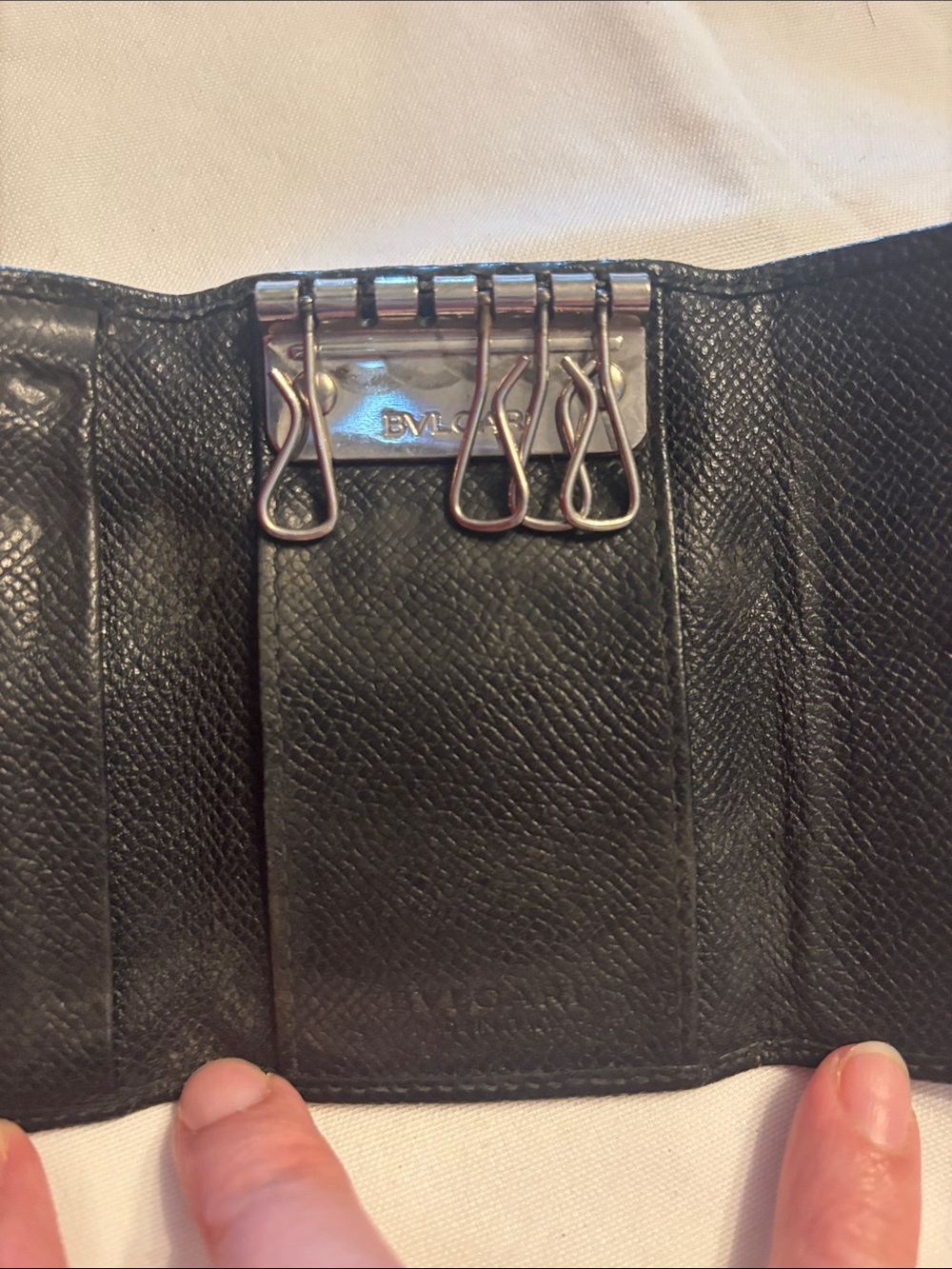 Bulgari Black Leather Key & Card Holder with Silver Tone Logo Button - Picture 9 of 16